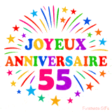 GIF animé joyeux anniversaire 55 ans avec étoiles multicolores et feu d’artifice