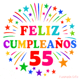 Imagen animada para felicitar los 55 años con letras de colores y diseño festivo.