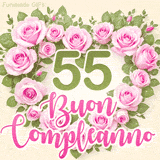 GIF per il 55° compleanno con un cuore di rose rosa e scritta elegante