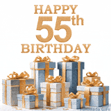 Festive animated eCard with elegant 'Happy 55th Birthday' text above a pile of luxurious blue, white, and gold gift boxes and presents.
