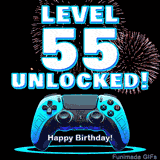 Animated GIF for a 55 birthday. The text 'Level 55 Unlocked!' and 'Happy Birthday!' are displayed over a blue video game controller with exploding fireworks in the background.