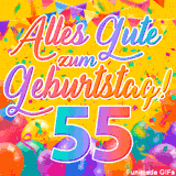 Eine festliche Animation zum 55. Geburtstag, Die Worte 'Alles Gute zum Geburtstag' und die Zahl '55' sind in einer bunten Schriftart gehalten, umgeben von Partyballons und Konfetti.