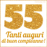 GIF animata per un 55° compleanno, Mostra il numero 55 in grandi caratteri dorati pieni di glitter scintillante, Sotto, la scritta 'Tanti auguri di buon compleanno!' in un elegante oro.