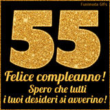 Un GIF animato per un 55° compleanno, Presenta il testo 'Buon Compleanno 55' su uno sfondo giallo vivo con palloncini colorati, festoni e una pioggia di coriandoli.