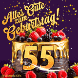 Eine köstlich aussehende animierte Geburtstagskarte für den 55. Geburtstag, dekoriert mit Erdbeeren, Blaubeeren und goldenen Details, Sterne funkeln und fallen, mit 'Alles Gute zum Geburtstag!'-Text.