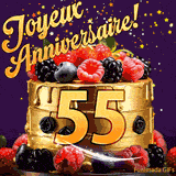 Une animation de célébration d'un gâteau de 55ème anniversaire, Des étoiles dorées tombent du ciel, mettant en valeur le texte 'Joyeux Anniversaire !' et le nombre doré 55 à l'avant du gâteau.