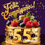 Una animación de celebración de una tarta para el 55º cumpleaños, Estrellas doradas caen del cielo, destacando el texto '¡Feliz Cumpleaños!' y el número dorado 55 en la tarta.