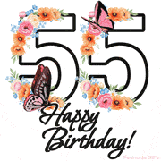 A floral 55th birthday animated greeting card. The number '55' is surrounded by animated flowers and butterflies, creating a beautiful and cheerful way to celebrate the milestone.