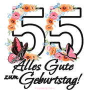 Ein florales GIF zum 55. Geburtstag. Die Zahl '55' ist von animierten Blumen und Schmetterlingen umgeben und bietet eine schöne und fröhliche Art, den Meilenstein zu feiern.