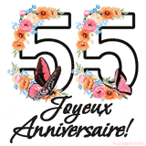Ce GIF de Joyeux 55ème Anniversaire présente le nombre vingt rempli d'un bouquet vibrant de fleurs animées, avec des papillons qui bougent doucement sur un fond blanc.