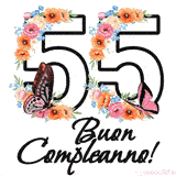 Questo GIF di Buon 55° Compleanno mostra il numero venti riempito con un vibrante bouquet di fiori animati, con farfalle che si muovono dolcemente su uno sfondo bianco.