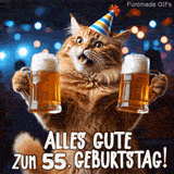 Lustige Animation eines Katers, der überrascht schaut und mit zwei Gläsern Bier feiert. Text: Alles Gute zum 55. Geburtstag! Festlicher Hintergrund.