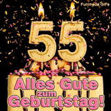 Brennende goldene Ziffer 55 auf einer leckeren Torte mit Schokolade. Rosa und gelbes Konfetti fällt herab. Text im Bild: Alles Gute zum Geburtstag! Schnaps.