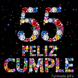 Diseño en el cual el número 55 y el texto FELIZ CUMPLE se forman de cristales brillantes y coloridos sobre fondo oscuro con puntos de luz.
