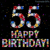 Sparkling multicolored gems outline the digit 55 and Happy Birthday words, contrasting against a black canvas filled with small flashing bright shining lights.