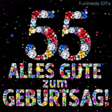 Verschiedenfarbige Kristalle bilden die Ziffer 55 sowie die Worte Alles Gute zum Geburtstag auf einem schwarzen, sternengefüllten Hintergrund.