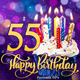 A sweet cupcake with lit colorful candles sits beside the golden number 55. Cursive Happy Birthday text is below on a sparkling purple background.