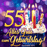 Vor violettem Sternenhintergrund leuchtet die goldene 55. Daneben ein Muffin mit Kerzen und im Vordergrund 'Alles Gute zum Geburtstag!'.