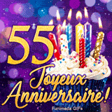 Animation festive 55 ans illustrant le double chiffre 55 doré, un cupcake de fête et des lumières scintillantes.