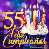 Animación festiva 55 años ilustrando el número doble 55 de oro, un cupcake de fiesta y luces brillantes.