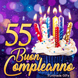 Animazione festosa 55 anni illustrante il doppio numero 55 d'oro, un cupcake di festa e luci brillanti.