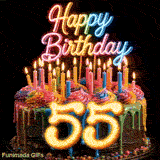 Spinning 55th birthday GIF featuring a colorful drip cake with bright candles and a large glowing yellow number 55.