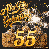 Eine große 55 in Gold steht im Vordergrund einer Torte. Funken einer Wunderkerze und fallende Sterne umgeben den Schriftzug Alles Gute zum Geburtstag.