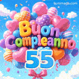 Il numero azzurro 55 pende sotto un gruppo gioioso di palloncini che dondolano al vento. Le lettere a palloncino indicano Buon Compleanno davanti alle nuvole.