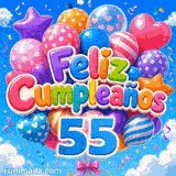 Animación festiva 55 años ilustrando el doble número 55 azul brillante entre un gran ramillete de globos flotantes.