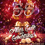 Bunte Ballons Geschenkboxen und Rosen umgeben die goldene Zahl 55 während Alles Gute zum Geburtstag und Konfetti eine lebendige animierte Grußbotschaft bilden