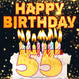 Happy 55th birthday card featuring a white frosted cake adorned with colorful, striped candles, and golden text with glitter on a black backdrop.