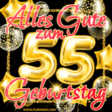 Glänzende goldene Ballons und ein quadratischer Glitzerrahmen: Animiertes GIF zum 55. Geburtstag mit der großen goldenen Zahl 55
