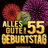 Ein dynamisches animiertes GIF mit buntem Feuerwerk und goldenen Zahlen, die den 55 Geburtstag hervorheben.
