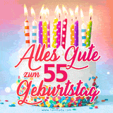 Geburtstags-GIF mit einem weißen Cremekuchen mit bunten Kerzen und Streuseln und den Worten 'Alles Gute zum 55. Geburtstag' in rosafarbenem Zierfisch.