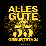 Ein GIF zum55. Geburtstag mit goldener Schrift und Feuerwerk auf schwarzem Hintergrund.