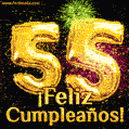 ¡Muy felices 55 años! GIF de texto dorado y fuegos artificiales.