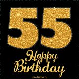 An animated 55th birthday greeting card with golden Happy Birthday text beneath a large number 55 in gold glitter.
