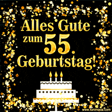 Dieses lebhafte Geburtstags-GIF zeigt eine Torte mit Kerzen, goldenem Konfetti und der Zahl 55.