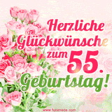 Ein elegantes Geburtstagsgeschenk für sie mit den Worten 'Herzlichen Glückwünsche zum 55. Geburtstag' und einem Strauß rosa Rosen.