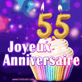 GIF animé joyeux anniversaire pour 55 ans avec un cupcake coloré, des bougies dorées en forme de 55 et un fond violet scintillant.