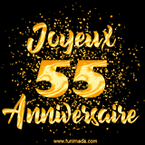 GIF animé joyeux anniversaire pour 55 ans avec des lettres dorées scintillantes et le chiffre 55 entouré de confettis dorés sur un fond noir.