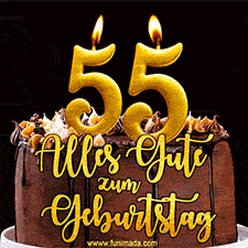 Animiertes GIF mit einer Schokoladen-Geburtstagstorte, großen goldenen Kerzen mit der Zahl 55 und einem dekorativen Text mit der Aufschrift 'Alles Gute zum Geburtstag'.