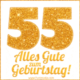 Glänzendes GIF mit einer goldenen Zahl 55 und den Worten 'Alles Gute zum Geburtstag' in eleganter handgeschriebener Schriftart.