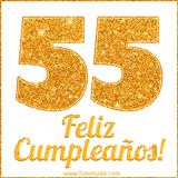 Imagen animada con el número 55 en diseño dorado brillante acompañado de la frase 'Feliz cumpleaños' sobre un fondo blanco simple y elegante.