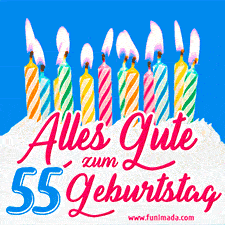 Ein buntes Geburtstags-GIF mit strahlenden Kerzen auf einer festlichen Torte zur Feier des 55.
