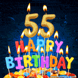 Animated GIF of an 55th birthday cake adorned with multicolor sprinkles, featuring large gold 55 candles and colorful letter-shaped candles spelling out Happy Birthday.