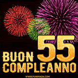 Animazione di fuochi d'artificio colorati con il numero 55 in oro brillante e la scritta 'Buon Compleanno' su uno sfondo nero festivo ed elegante.