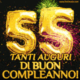 Palloncini dorati a forma del numero 55, accompagnati da scintille e fuochi d'artificio su sfondo nero, con il messaggio 'Tanti auguri di Buon Compleanno!'.