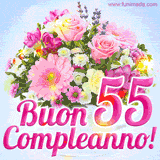 Bouquet animato con rose rosa, margherite e altri fiori colorati, con il numero 55 e la scritta 'Buon Compleanno!' in stile elegante e luminoso.
