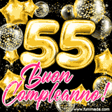 Animazione con palloncini dorati a forma del numero 55, circondati da decorazioni scintillanti e la scritta 'Buon Compleanno!' in caratteri rosa accattivanti.